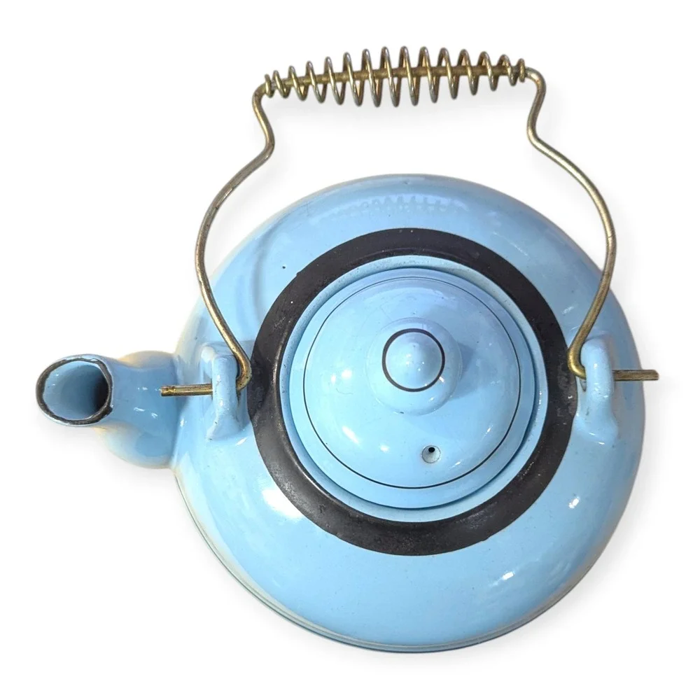 Vintage Art Deco Blue Ceramic Teapot Black Banded Tripod Feet Brass Coil‎ Handle